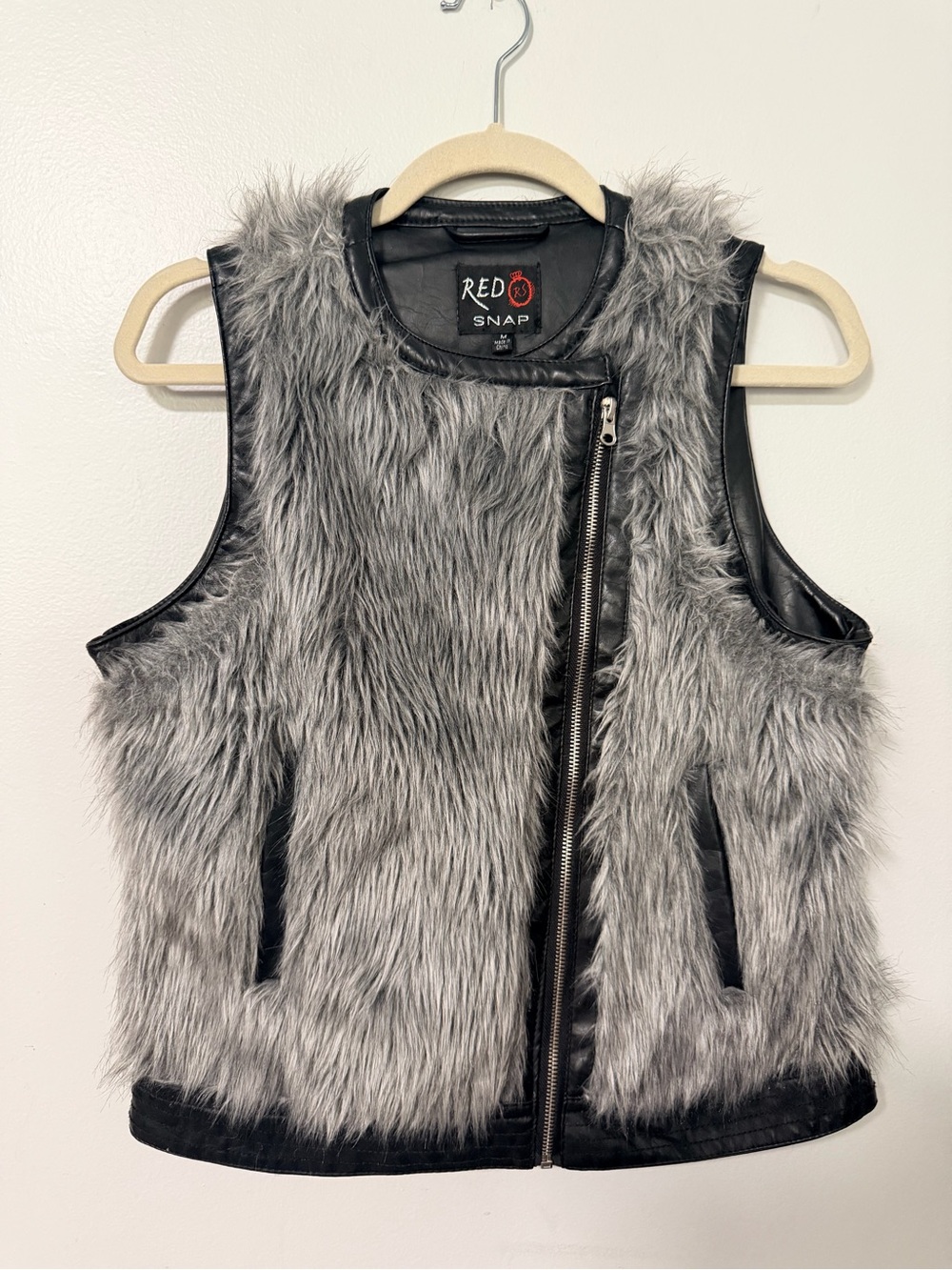 Red Snap Shaggy Fur Moto Vest With Black Trim M